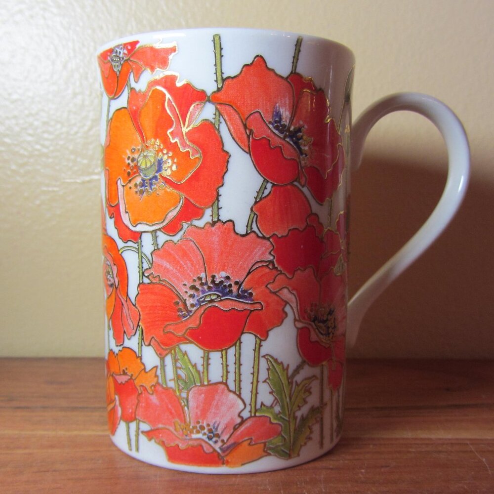 *BOGO mugs* 11 oz dunoon ruth boden gold trim poppies mug cup (W5516)